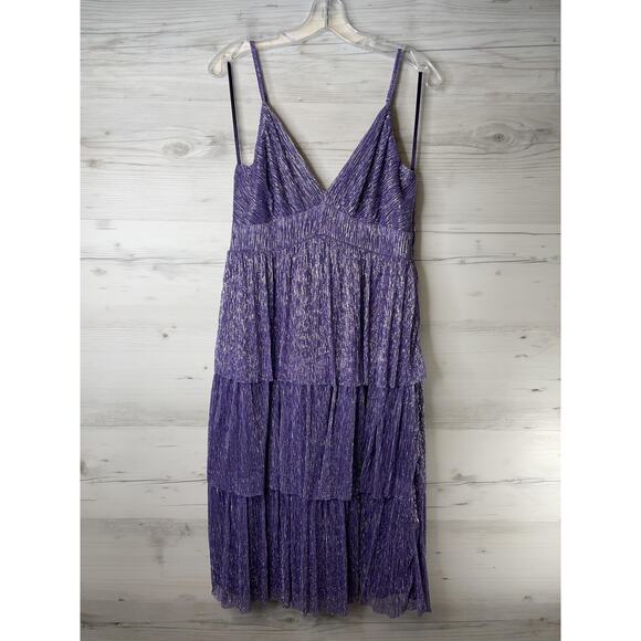 Trixxi Dress Womens XL Purple Metallic Tiered Midi Shimmer Party Lined V Neck - Picture 1 of 10